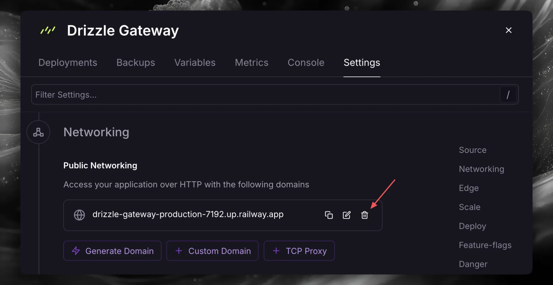 Drizzle Gateway Settings 选项卡中标出的公共域名删除按钮