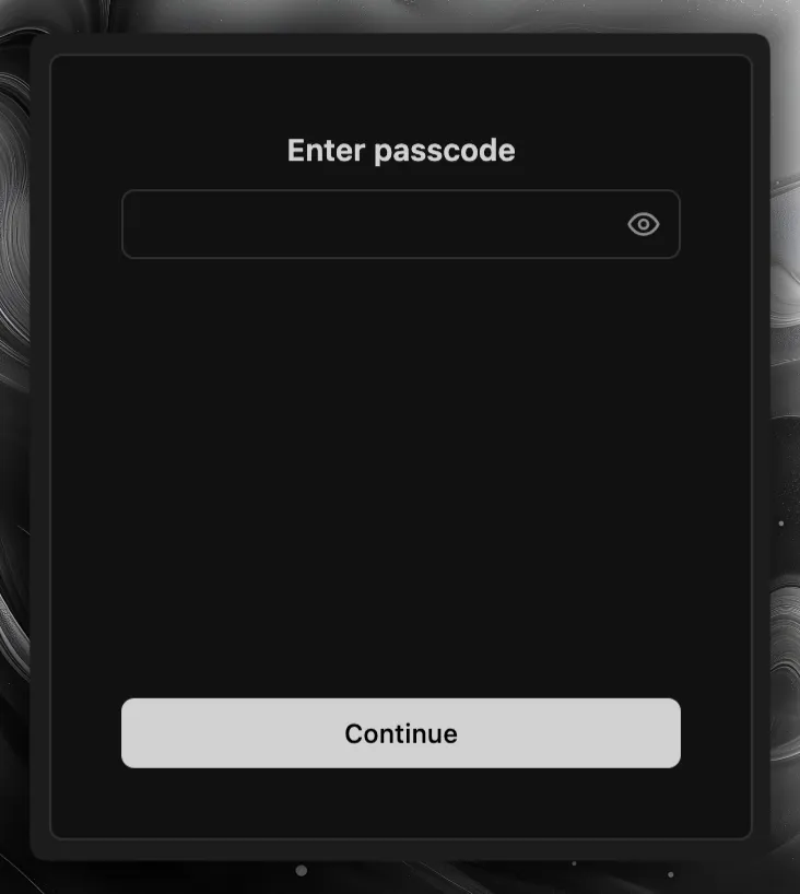 Drizzle Gateway 访问码提示，其中有一个空白字段和 Continue 按钮