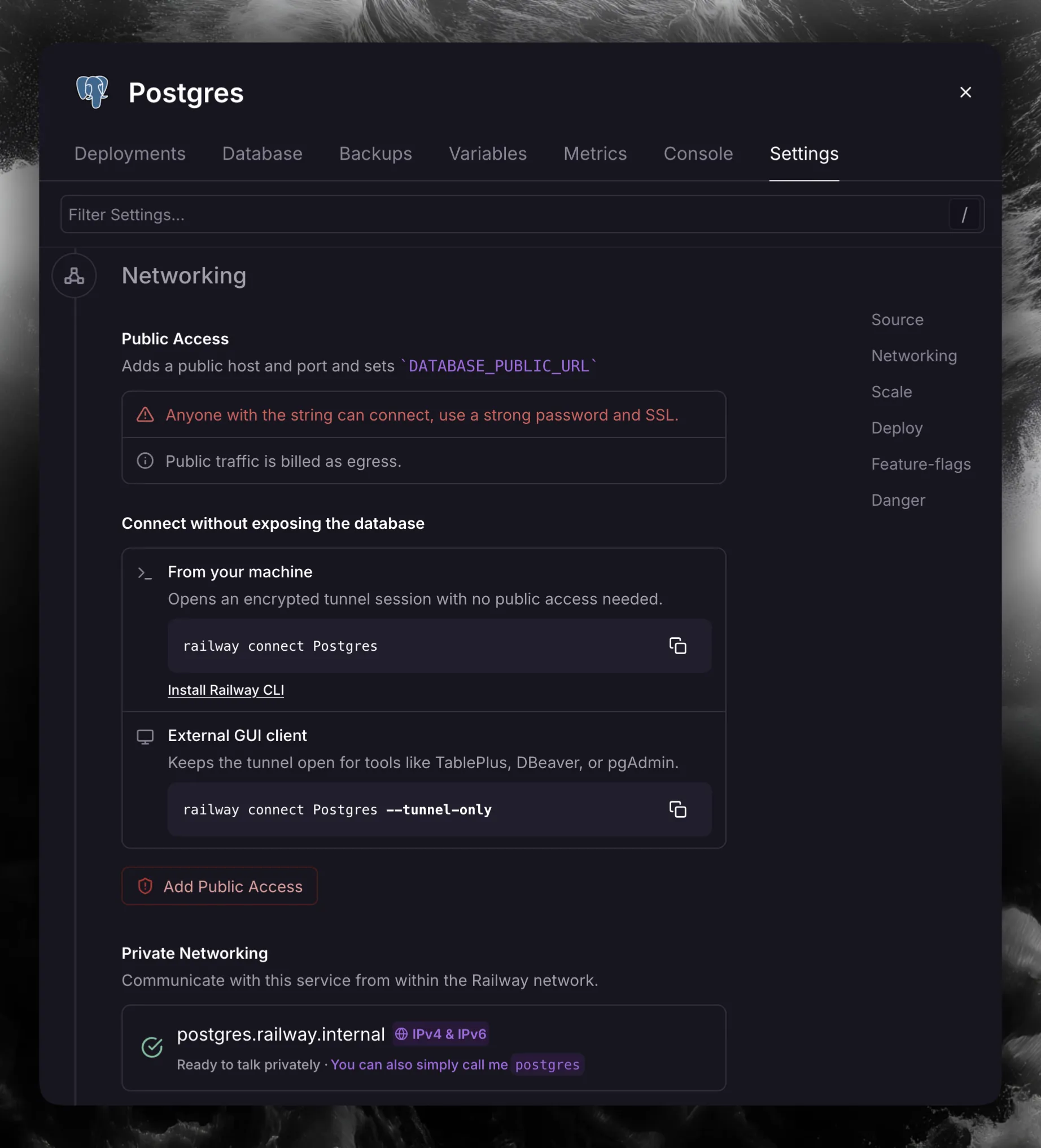 Postgres Settings 选项卡中显示公共访问已关闭及私有域名 postgres.railway.internal
