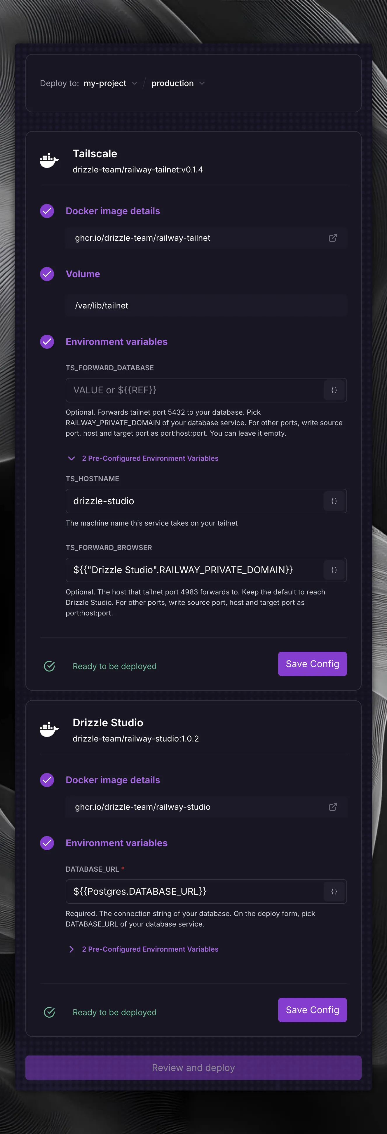 Drizzle Studio with Tailscale 部署表单中，DATABASE_URL 已设为 Postgres 引用