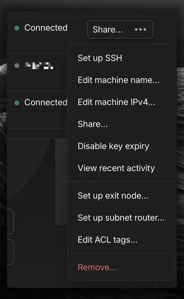 Tailscale 机器页面菜单中的 Disable key expiry 选项